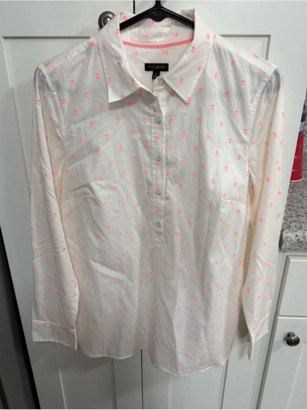 Talbots White Button-Front Blouse with Pink Dot Motif